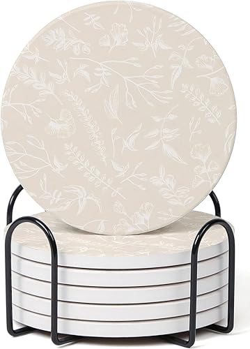 Juego de 6 posavasos florales beige con soporte, posavasos de cerámica absorbente con respaldo de corcho para protección de mesa, decoración de mesa