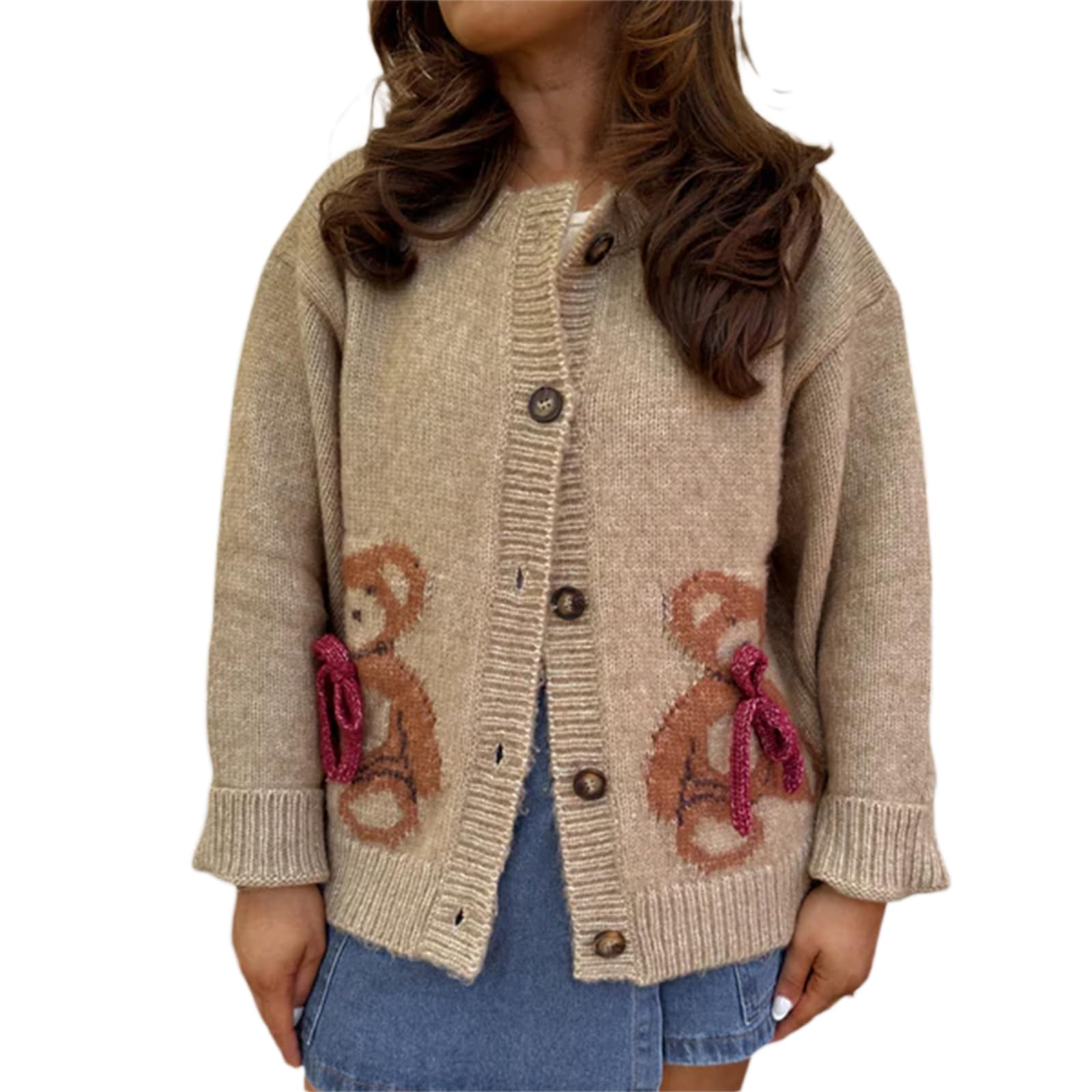 Christmas Cardigan Sweaters for Women Bear Long Sleeve Round Neck Button Down Knitwear Xmas Fall Winter Coats