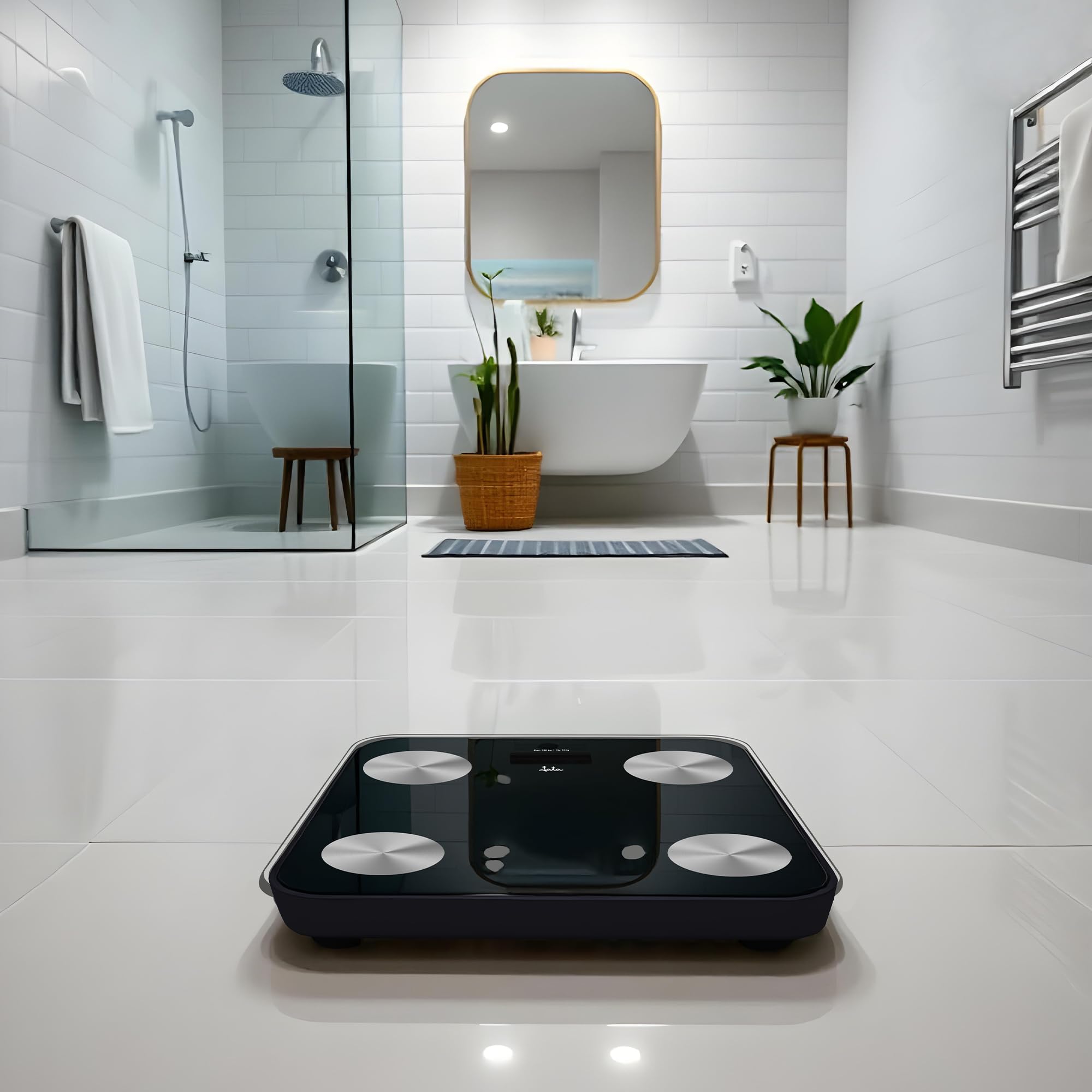 JATA HOGAR HBAS1155 - Báscula Inteligente Digital Bluetooth con App OkOk, Análisis Corporal (Grasa, IMC, Agua, Masa Muscular), 180 kg, 15 Usuarios, Cristal Temperit