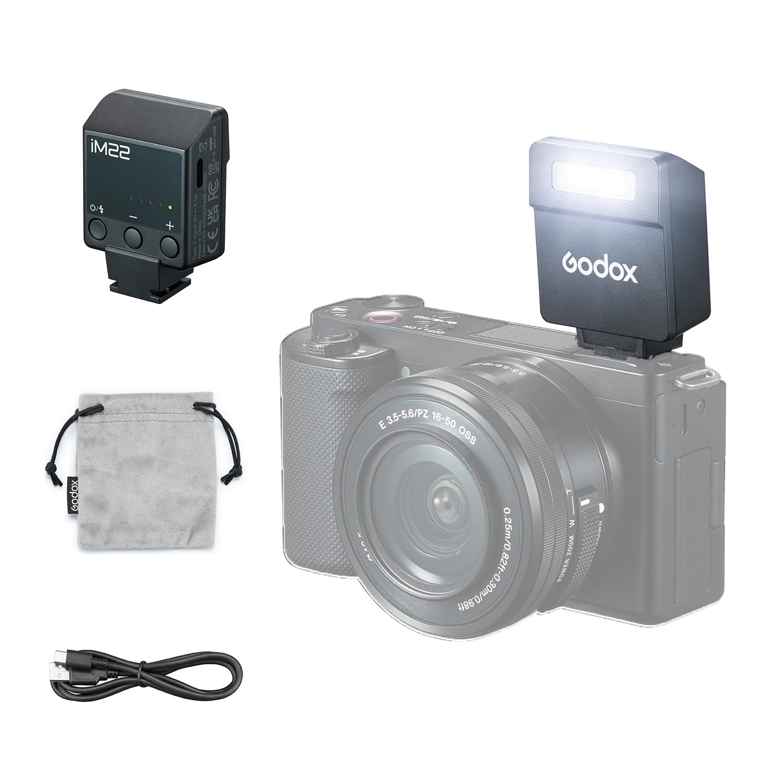 Godox iM22 Mini Flash para Cámara,Batería Recargable Tipo C con 5 Niveles de Potencia de Flash,440 Flash de Máxima Potencia para Cámara Canon Fuji Sony Nikon,Zapata de un Solo Contacto