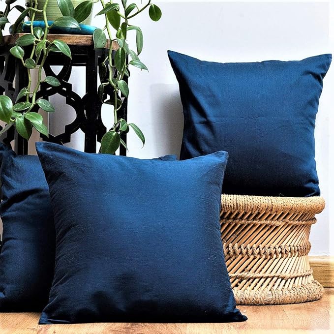 EARTHY INDIA Designer Plain Cushion Cover with Premium Handmade Silk Fabric (16 x16 inch, Royal Blue) (5)