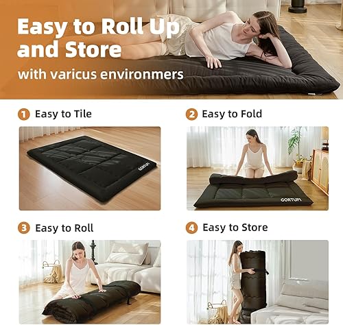 Miniatura 7 de Futón japonés de tamaño matrimonial, colchón plegable para el suelo, colchón de tatami, cama portátil para invitados, tapete de juego para niños,