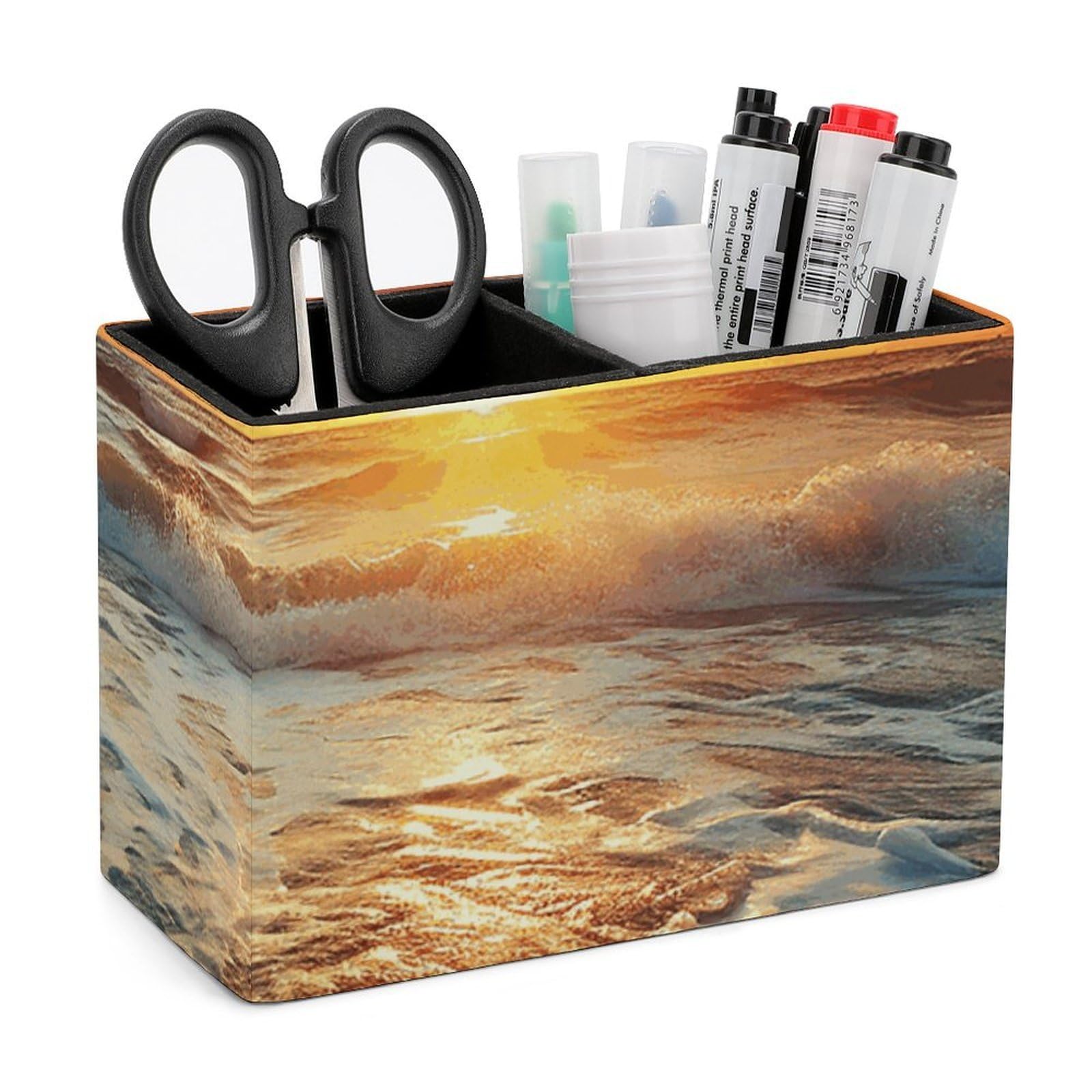 LZQPOEAS Exquisite Patterns PU Leather Pen Holder, Multifunctional Desktop Organizer Caddy with 2 Compartments, Ocean Sunrise Pencil Cup Makeup Brush Holder for Office Home