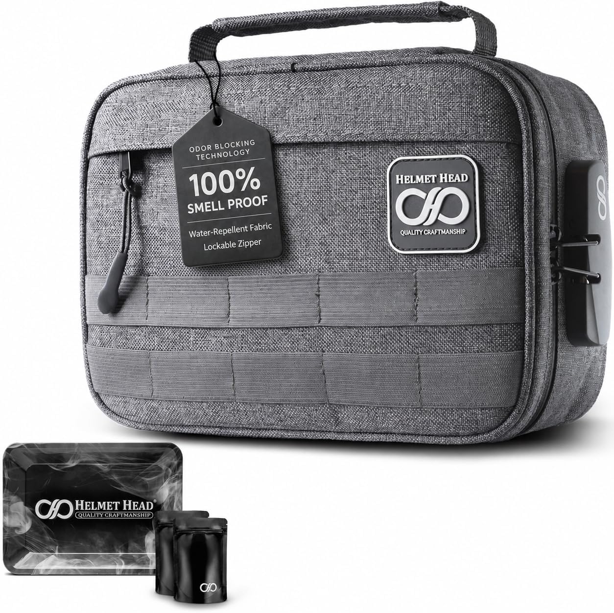 HELMET HEAD Smell Proof Bag with Lock โ Odor Proof Stash Bag Organizer with Metal Tray & Mylar Bags, Lockable Travel Storage Case for Herbs, Medicine Organizer & Valuables (Gray)