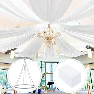FUHSY Ceiling Drapes with Hanging Kit Chiffon Ceiling Drapes for Weddings 6 Pack 5ft x 10ft White Arch Draping Fabric Ceiling Curtain Décor for Tent Parties Events Includes Metal Ceiling Hanging Hook