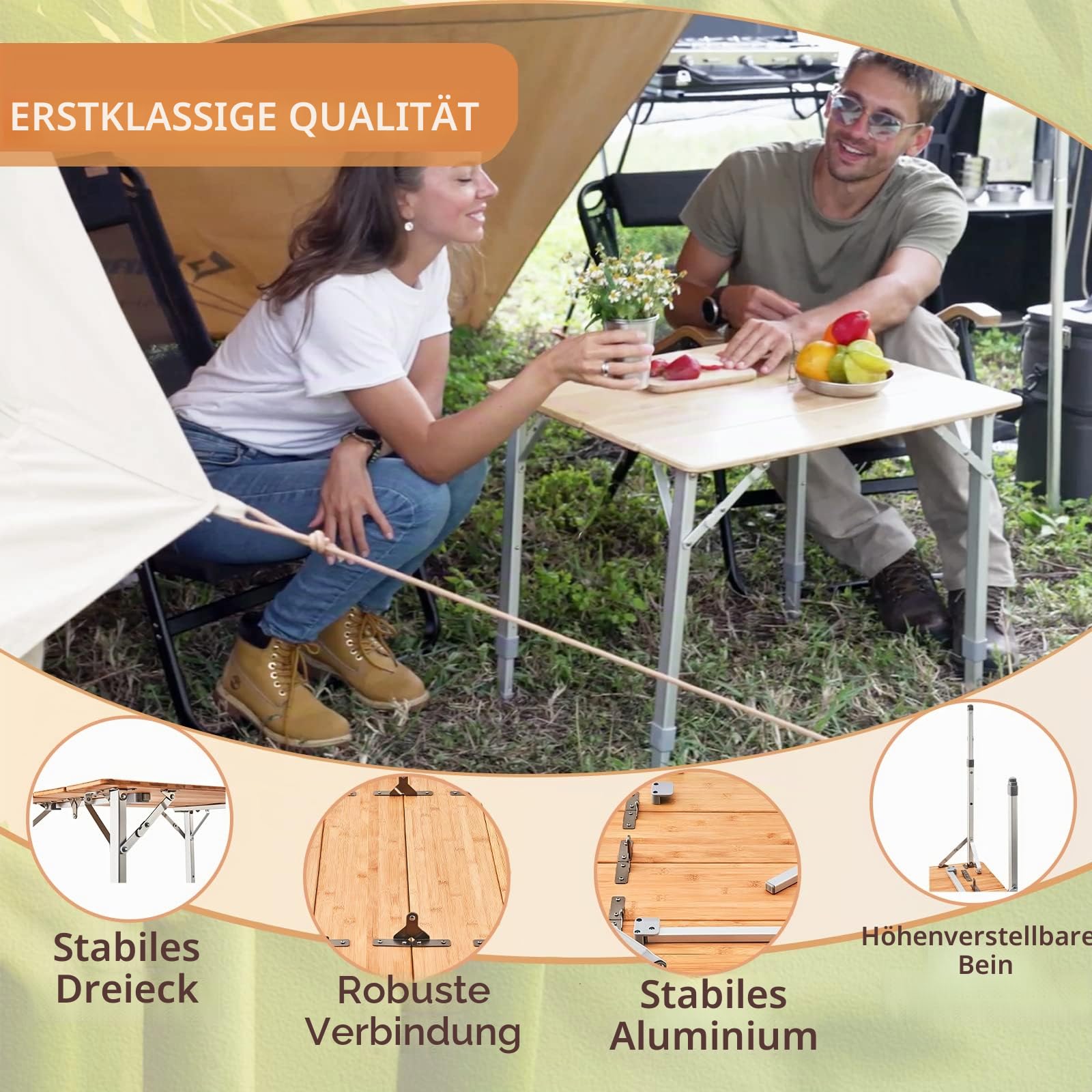 KingCamp Leichter Stabiler Klapptisch Campingtisch Bambus Outdoor Klapptische Höhenverstellbar Tragbar Picknick
