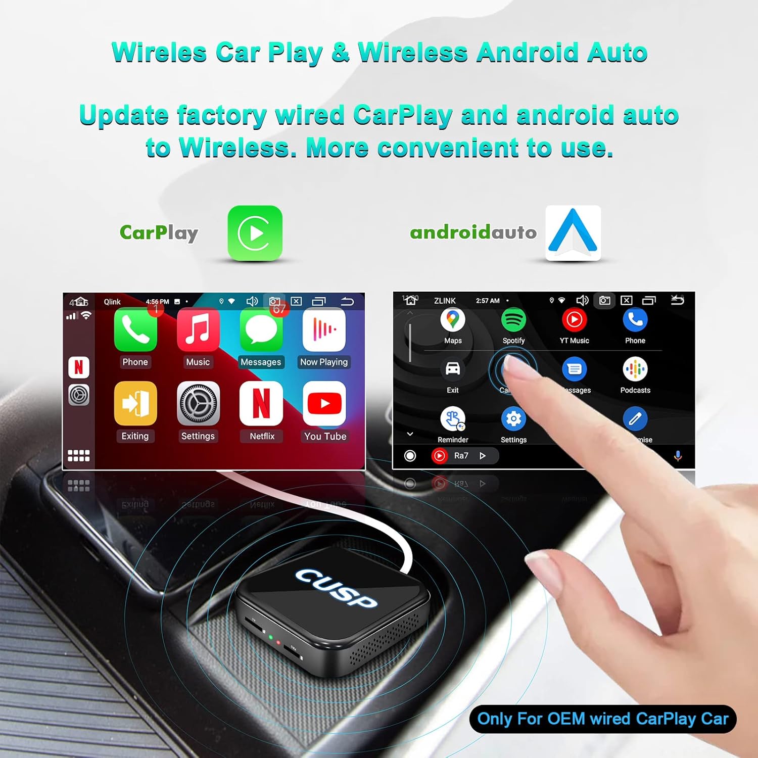Screenshot showing the car's display with both Wireless CarPlay and Wireless Android Auto interfaces.