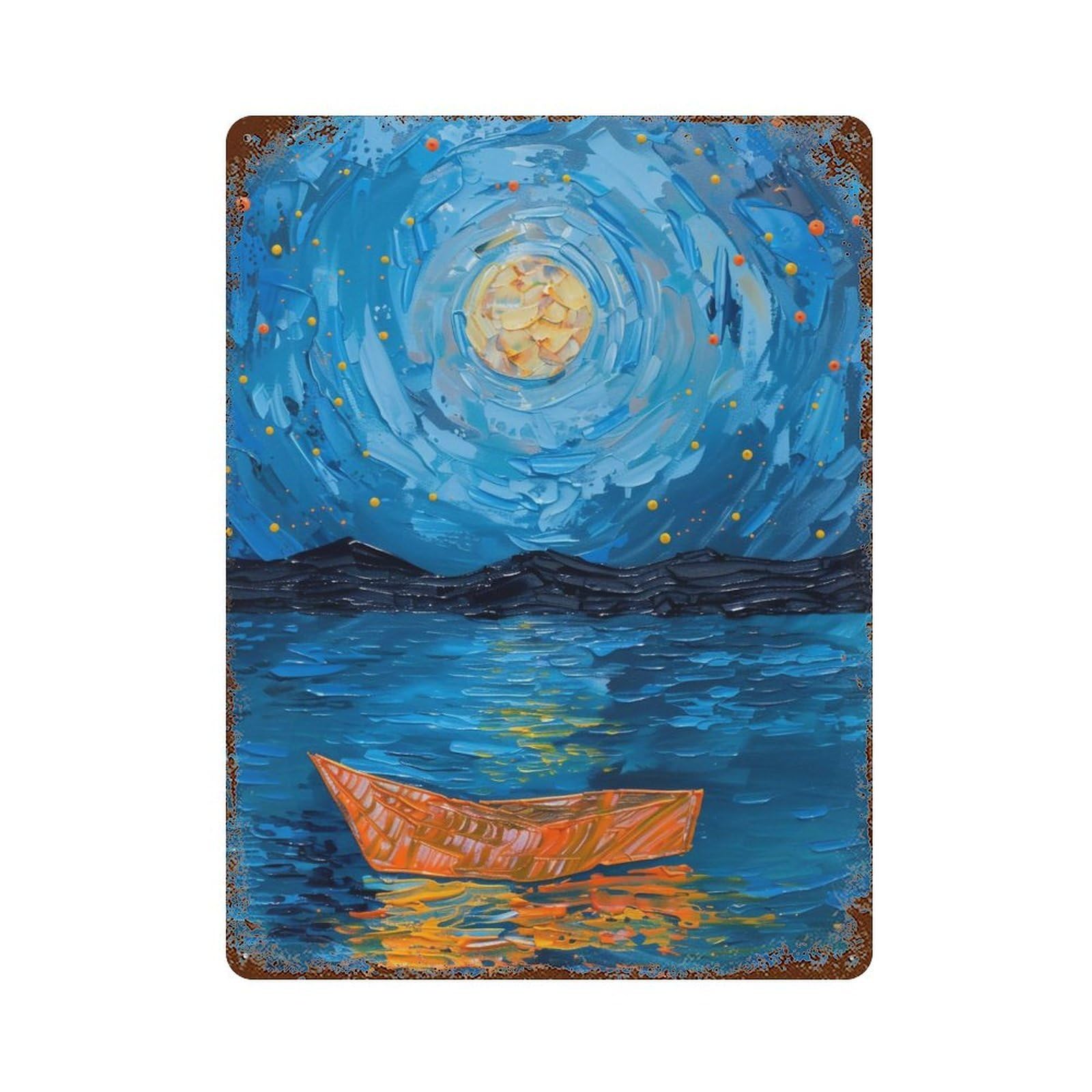 WUJHGRSG Van Gogh Style Twirl Blue Night Waterscape with Golden Vessel 01 Wall Art Retro Iron Vintage Metal Tin Sign Poster Modern Decor for Home Cofffee Club Bar Shop Style 40x30cm