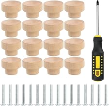 Vwoqiy 16 Pcs Wooden Drawer Cupboard Knobs, Wood Cabinet Door Knobs, Round Wooden Door Knob Handles for Furniture Wardrobe Dresser Pulls Knob, 1.4 Inch, with Screwdriver