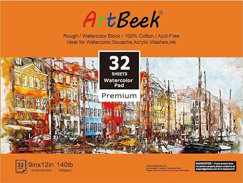 ArtBeek Watercolor Paper Block,9" x 12" Watercolor Block 32 Sheets