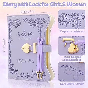GSrenyu Diary with Lock for Girls Women, 360 Pages Secret Journal with Heart Lock and Keys, Pen and Gift Box, Cute Purple Journal Notebook Kit for Birthday Christmas Gifts for Girls Ages 8-14