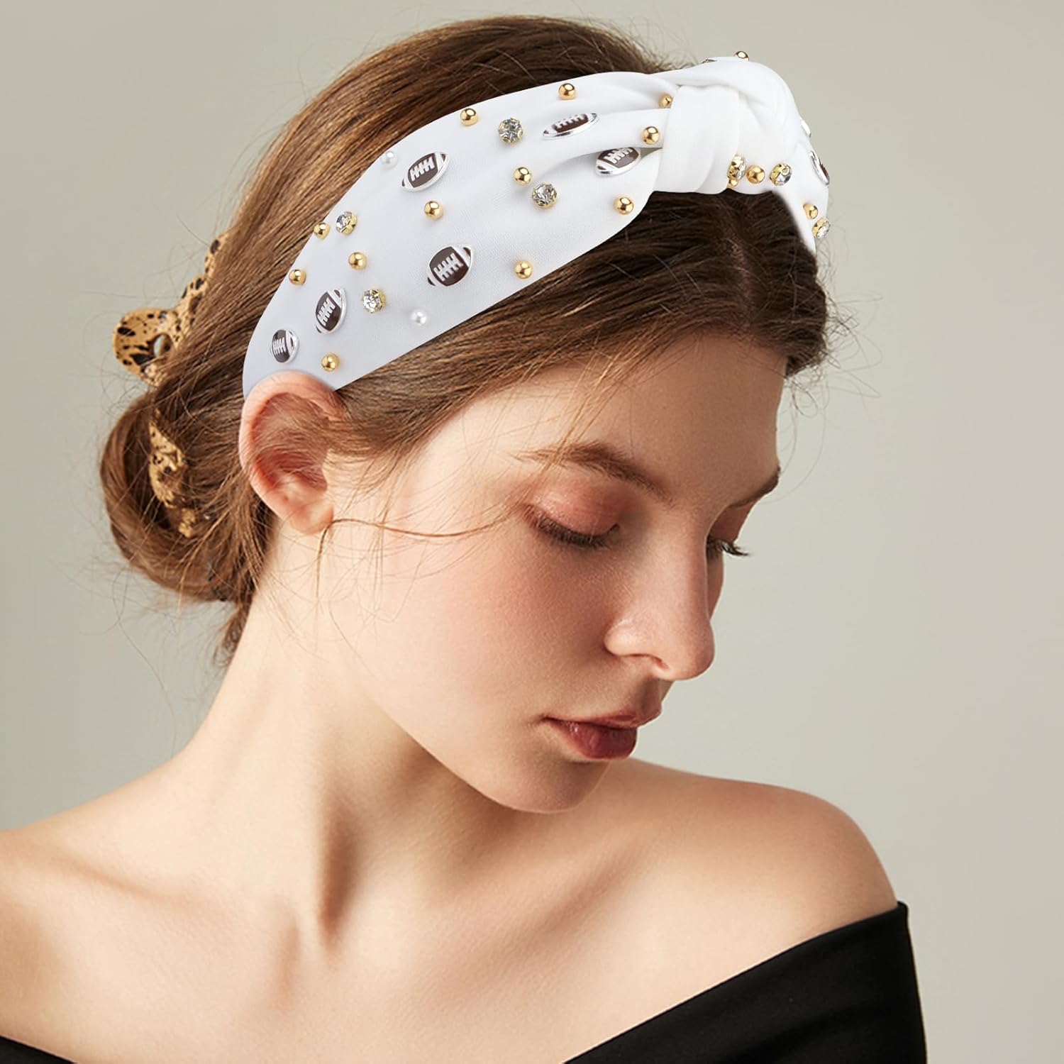 YARIEW Pearl Rhinestone Jeweled Knotted Headband Top Knot Hair Accessory for Women Sports Fans & Mom Gifts (White) - Image 4