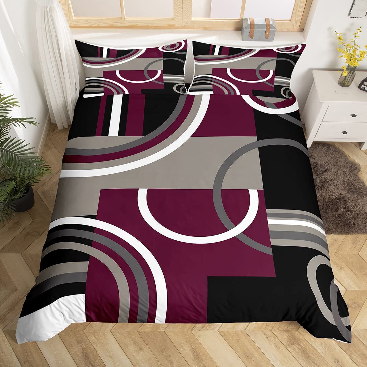 Housse de couette 2 pièces multicolore rouge noir motifs géométriques