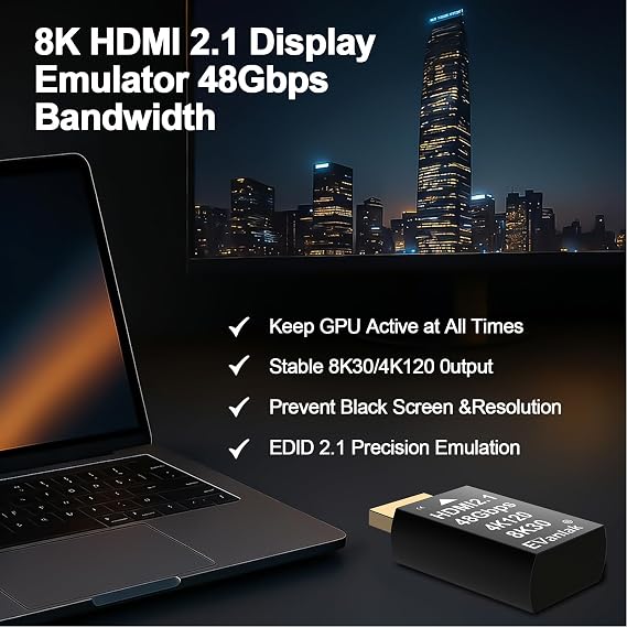 4K 120Hz HDMI 2.1 Dummy Plug EDID Emulator High-Resolution Virtual Display Adapter for PC, VR Headsets & Crypto Mining, Supports 8K@30Hz / 4K@120Hz Headless Ghost HDMI Display Dongle (1 Pack)