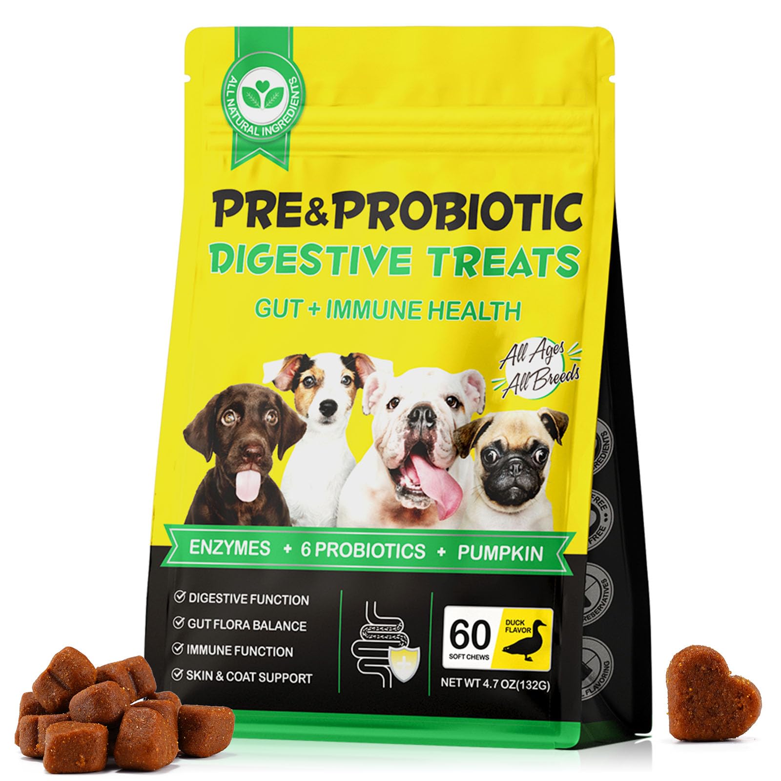 Generico Probiotico per Cani, Probiotico Digestivo per Cani, Supporto Intestinale, Allergie Stagionali, Equilibrio dei lieviti, Pelo Lucido e Difese Immunitarie, Anatra (60 Chews)