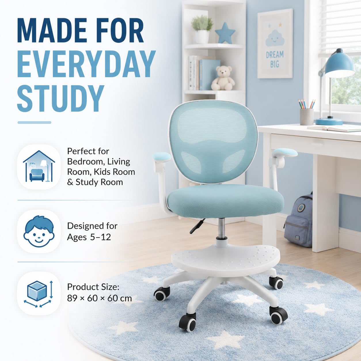Sedia da scrivania per bambini, regolabile in altezza, 50 kg, blu | rete, schiuma, forma a sella, pieghevole a 90°, 50 kg, ruote a gravità, girevole a 360°, seduta da 10 cm + poggiapiedi, 5-13J