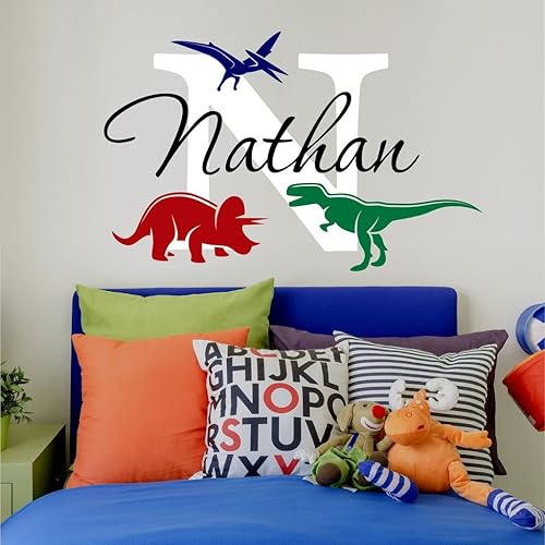 Calcomanía de pared personalizada con nombre de dinosaurios para niños, 20 pulgadas de ancho x 13 pulgadas de alto, calcomanías de pared de