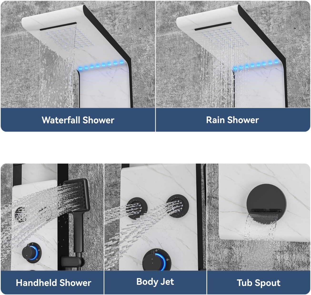 ELLO&ALLO LED Rainfall Shower Head and Rain Massage System with Body Jets Stainless Steel Bathroom Shower Panel Tower System with Shelf, Marble&Black