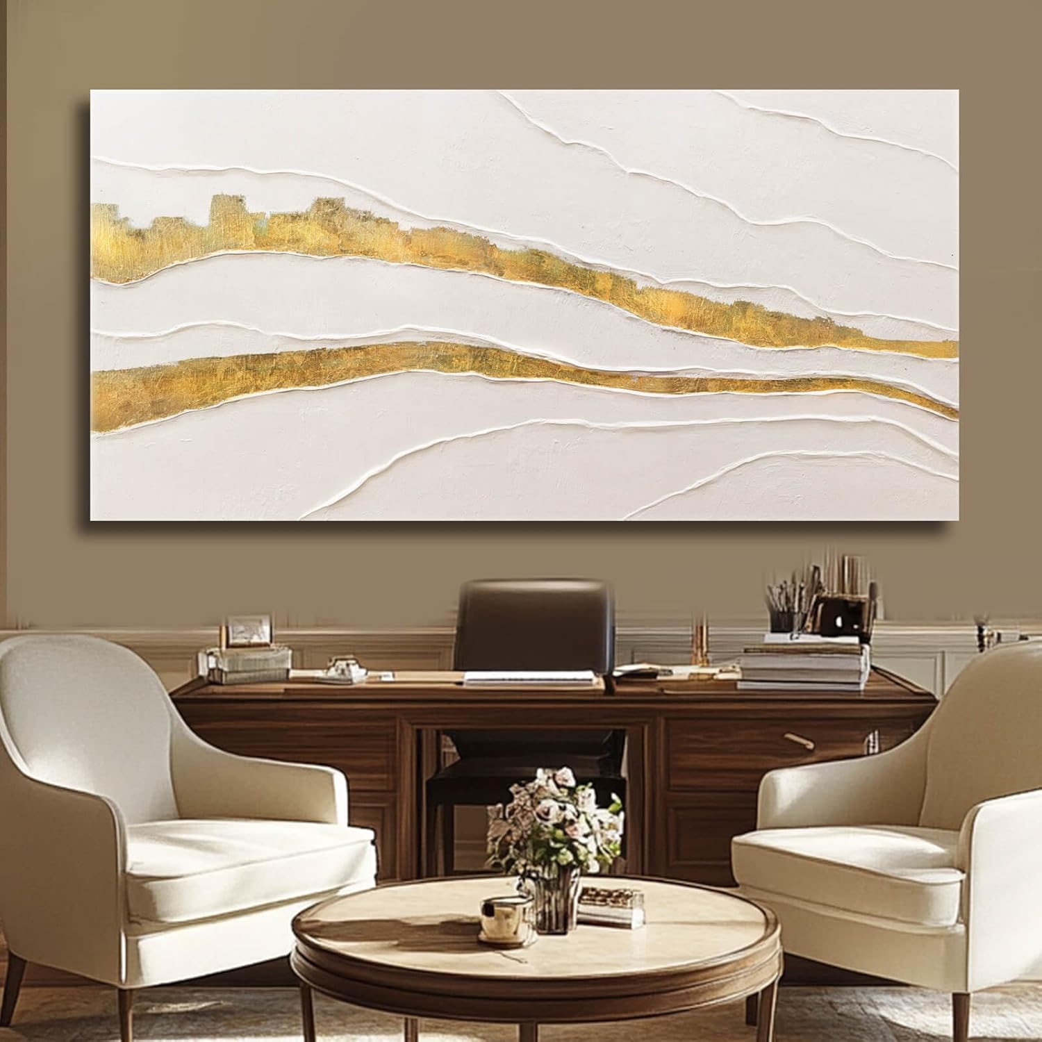 VAYIMDH Canvas Abstract Art White Large Wall Decorations for Living Room Gold Foil Abstract Wall Hanging Oil Painting for Office 29"x 58" Home Decor - Image 4