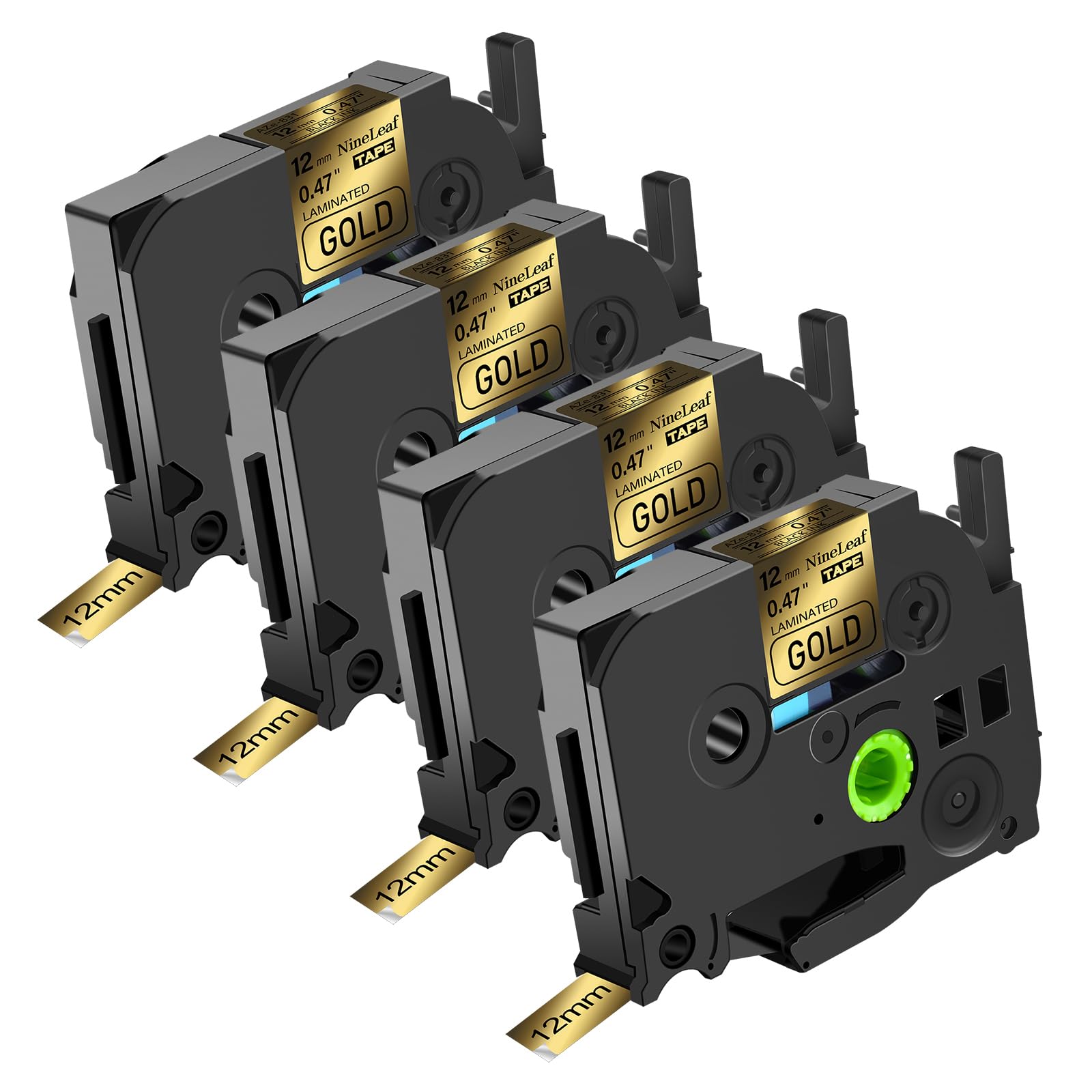 NineLeaf TZe-831 Label Tape 12mm Compatible for Brother P-Touch Label Printer TZe831 TZ-831 12mm 0.47 Laminated Black on Gold TZe TZ Tape 12mm for P300BT H200 H101C D210VP 1000, 4 Pack