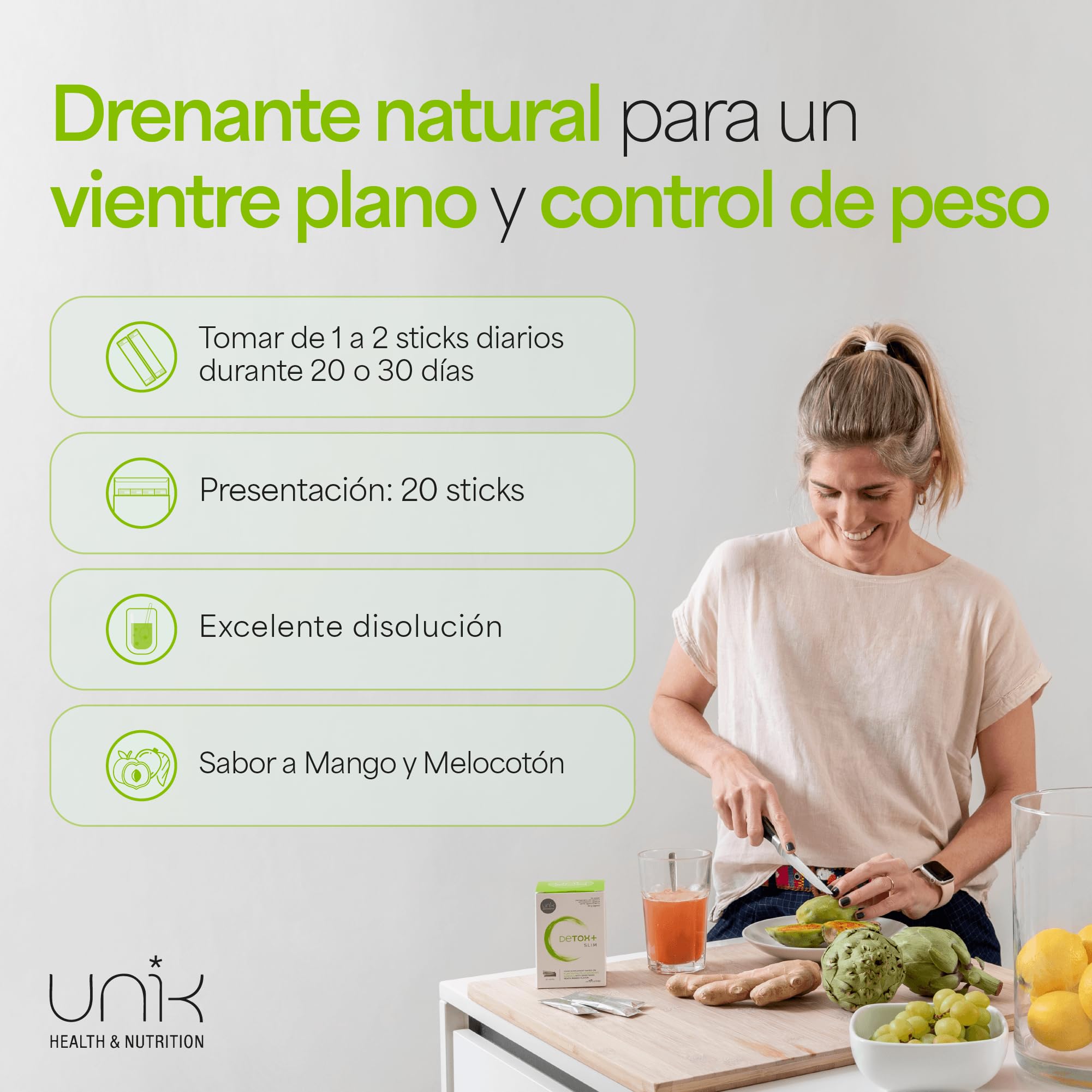 Cardo Mariano con Cactinéa + Alcachofa + Té Verde + Jengibre y Semilla de Uva | 20 Sticks Detox para Eliminar Líquidos y Toxinas | Fórmula Natural Depurativa y Antioxidante | Sabor Mango-Melocotón