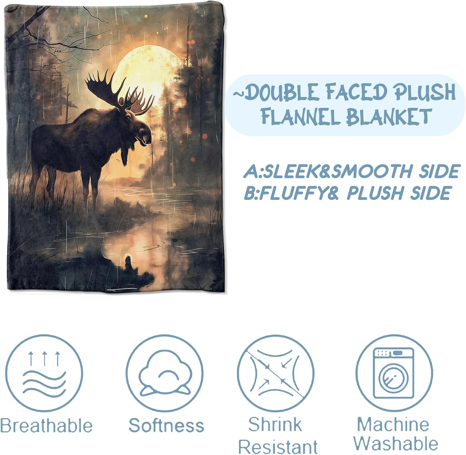 Moose Blanket,Gifts for Nature Lovers,Lightweight Flannel Throw Blankets,Majestic Wildlife in Mystical Forest Throws Home Decor,for Couch Living Room Office,60x50inch - Image 4
