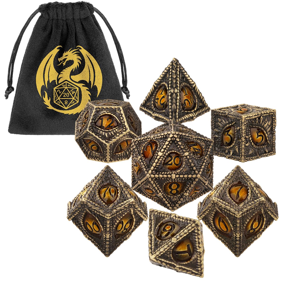 Metal Dice Set, Dragon Eye Theme, 7pcs Polyhedral Metal DND Dice Set, DND Starter Set, D&D Gifts with Gift Bag, Role Playing Board Games Accessories, Bronze Amber
