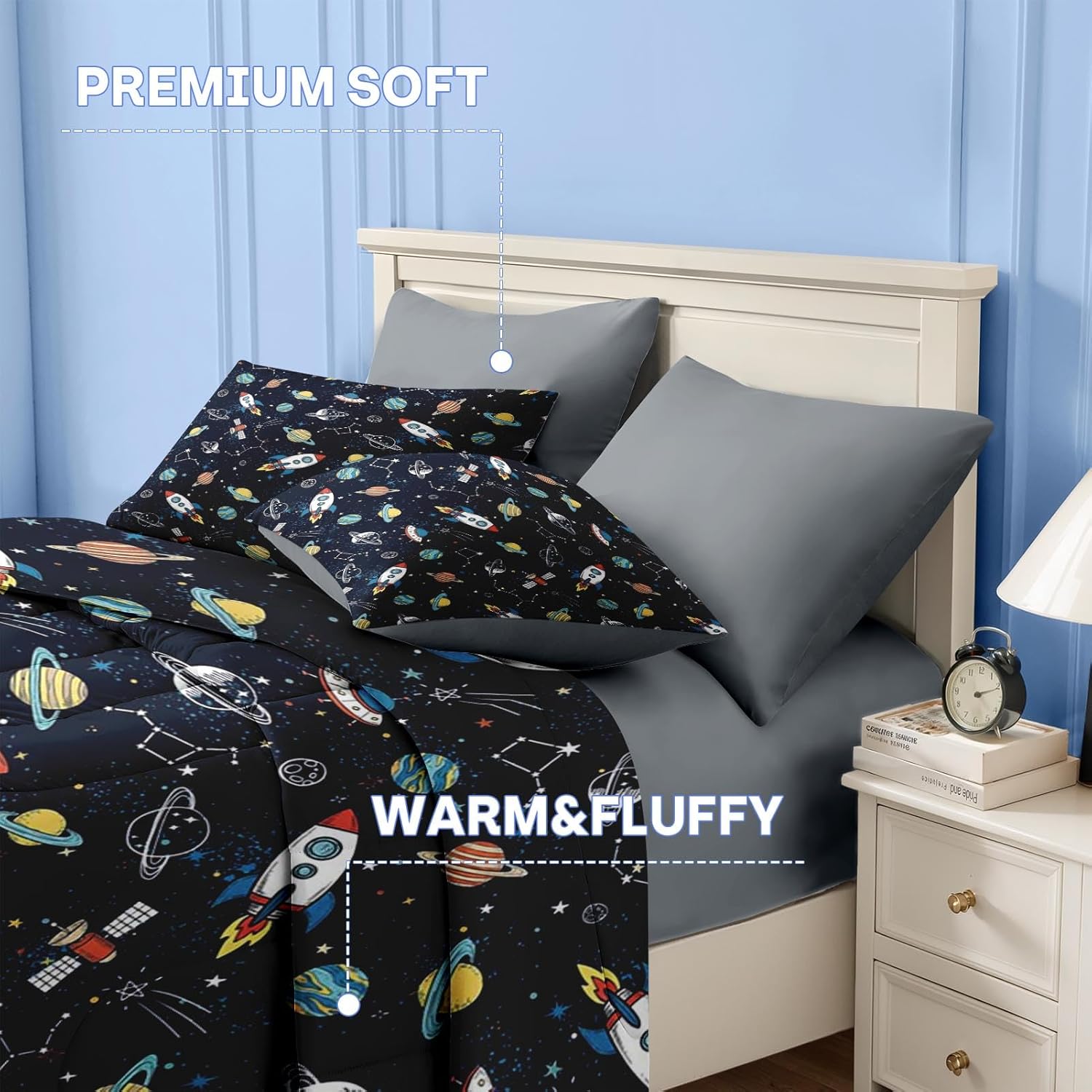 Nesker 4 Pcs Comforter Set Toddler Size, Space Moon Universe Bedding for Kids Teen, Rockets Planets Stars Bed Sheet with Pillowcase & Sham