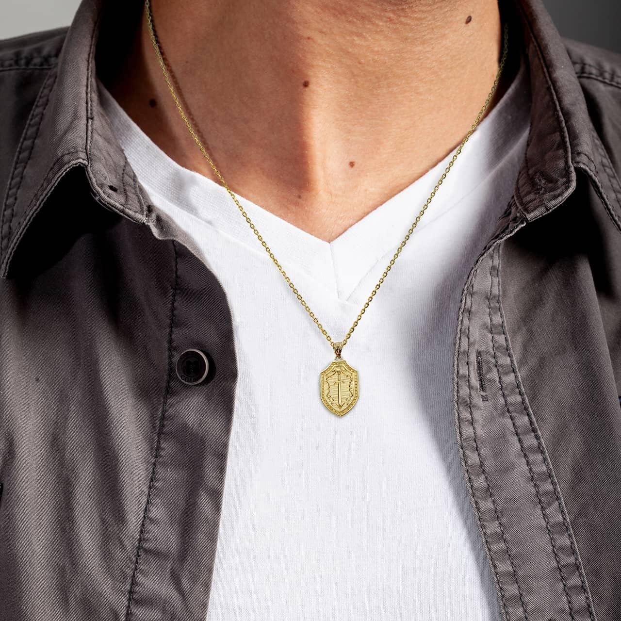 Claddagh Gold Polished 14K Yellow Gold Saint Michael Archangel Sword Shield Protection Pendant Necklace (20")