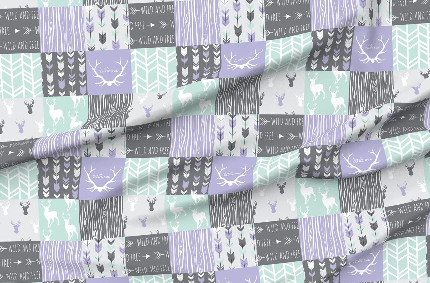 Spoonflower Fabric - Patchwork Deer Lilac Grey Mint Wild Free Wholecloth Lavender Purple Printed on Organic Cotton Sateen Fabric by The Yard - Sewing Quilting Apparel Home Decor