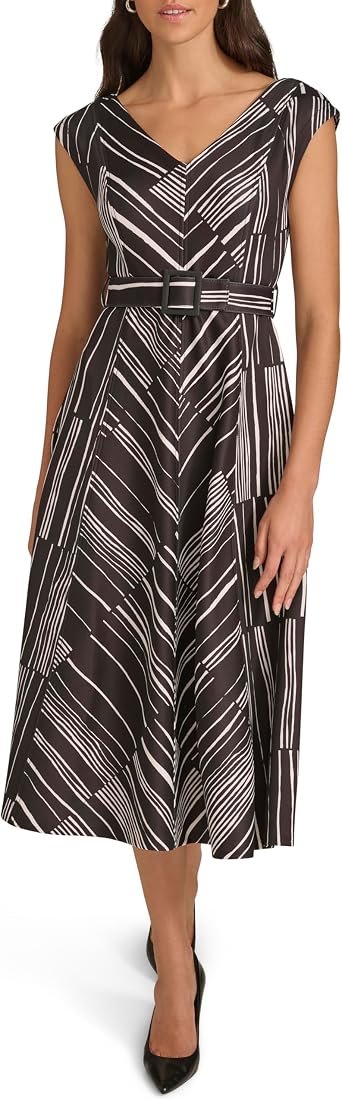 Calvin Klein Womens Sleeveless V-Neck Belted A-Line Midi Dress