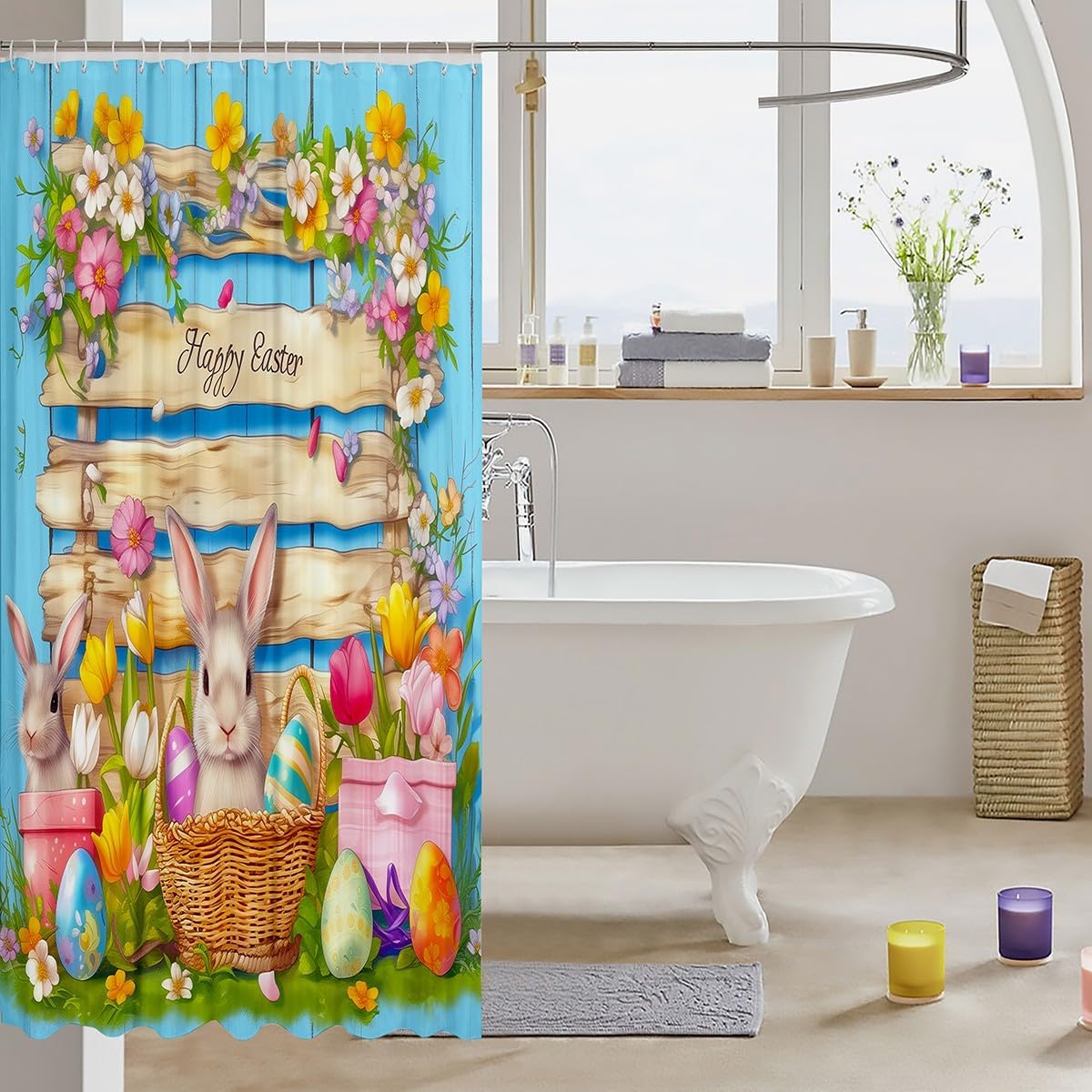 Happy Easter Shower Curtain,Easter Rabbit and Easter Egg Bathroom Curtain Kids Boys Girls Bathroom Decor,Spring Garden Flower Bath Curtain,Blossom Floral Animal Waterproof Curtain,12 Hooks,72"Wx72"L image 3