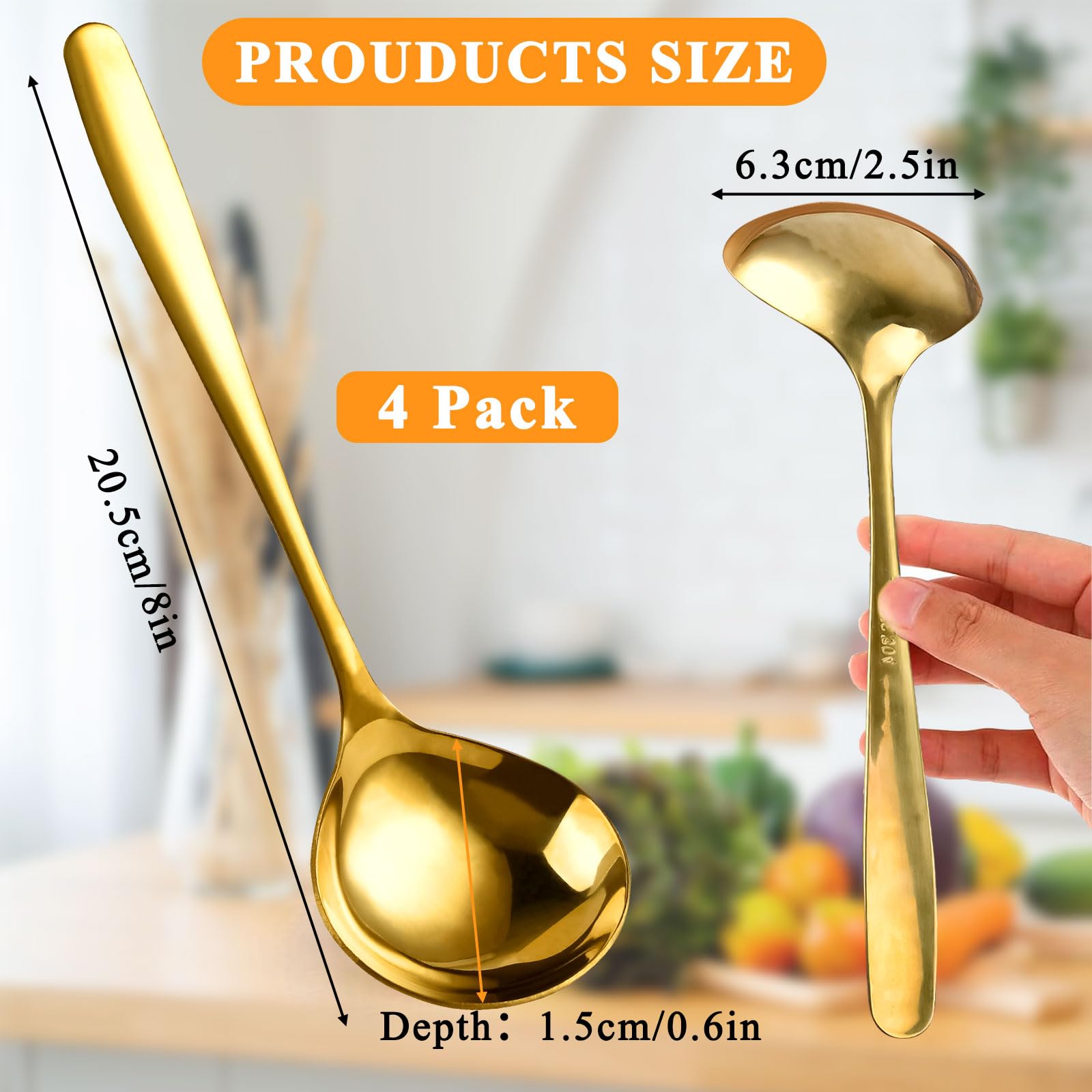 Akamino 4 Pack Gold Gravy Ladles, SUS 304 Stainless Steel Sauce ladles, 8-Inch Small Soup Ladles Serving Ladle for Cooking - Dishwasher Safe