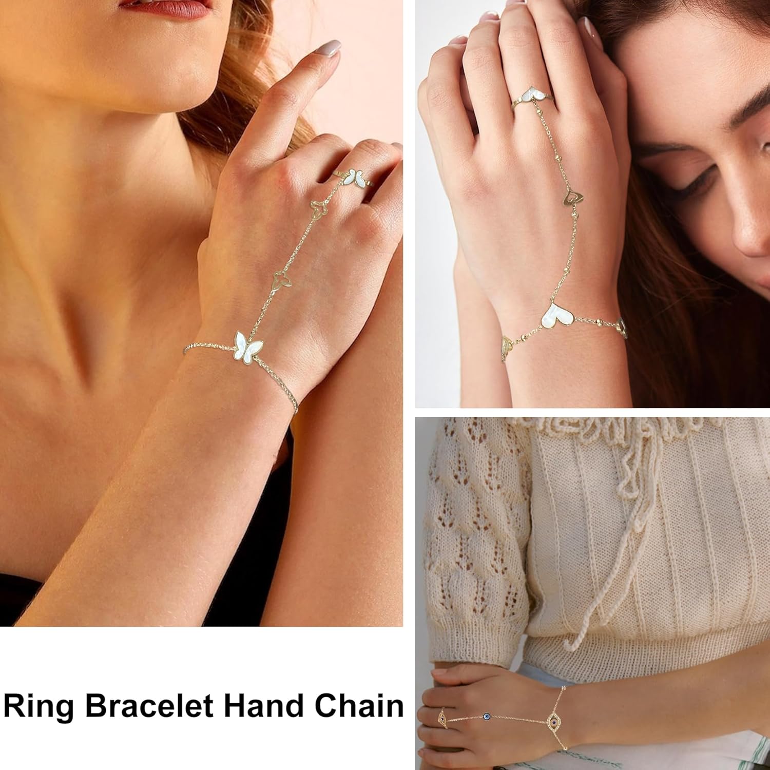 Ring Bracelet Hand Chain Women Gold Ring Bracelet Evil Eye/Heart/Butterfly Jewelry Gifts