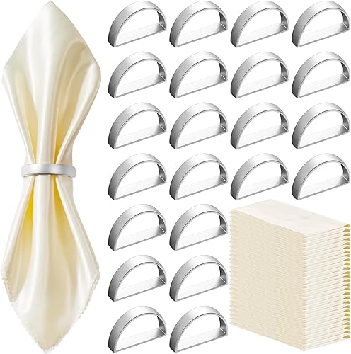 Juego de 24 servilletas de satén y servilleteros de metal a granel de acero inoxidable semicírculo de 17 x 17 pulgadas, servilletas de satén marfil