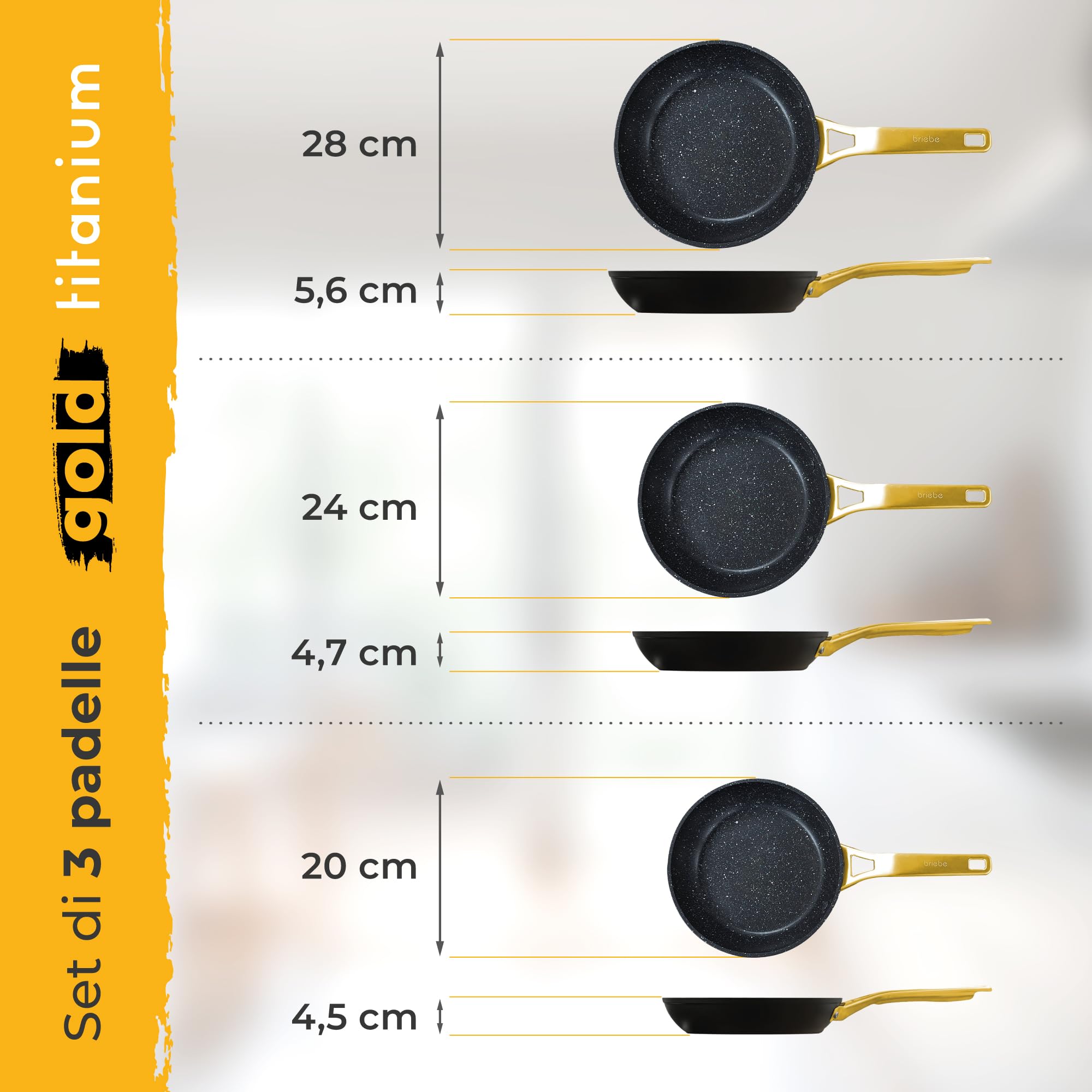 briebe Gold Titanium Set di 3 Padelle Antiaderenti a Induzione Titanio 20-24-28cm, Alluminio Forgiato, Rivestimento senza PFOA, Manico Professionale Acciaio Inox, Vetroceramica, Gas, 3 Protezioni