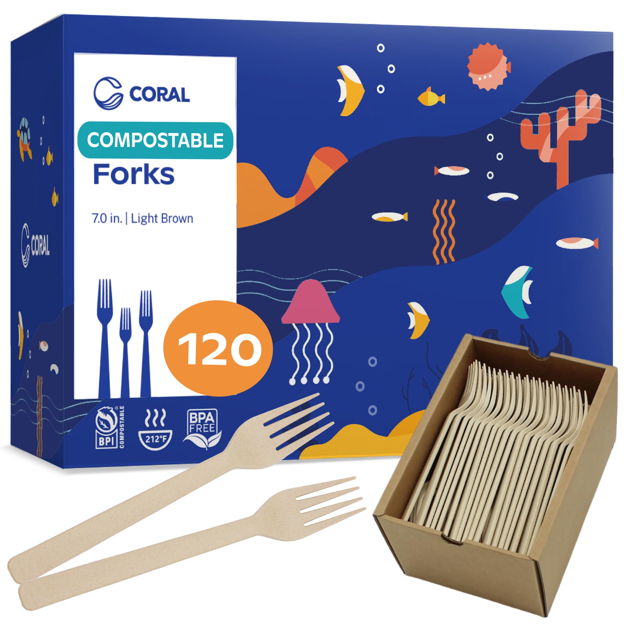 CORAL Tenedores 100% compostables, 120 tenedores resistentes (7 pulgadas), resistentes a la rotura con bordes lisos, alternativa respetuosa con el océano a los cubiertos de plástico, biodegradables y