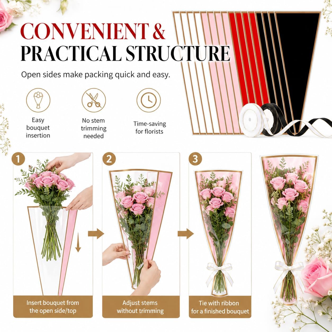 20 PCS 4 Colors Flower Bags for Bouquets- 17.8 x 11.2 Inches Plastic Flower Sleeves Flower Bouquet Wrapping Paper, Clear Front Bouquet Bags Floral Wraps Gift Bag with Black & White Ribbons for Florist