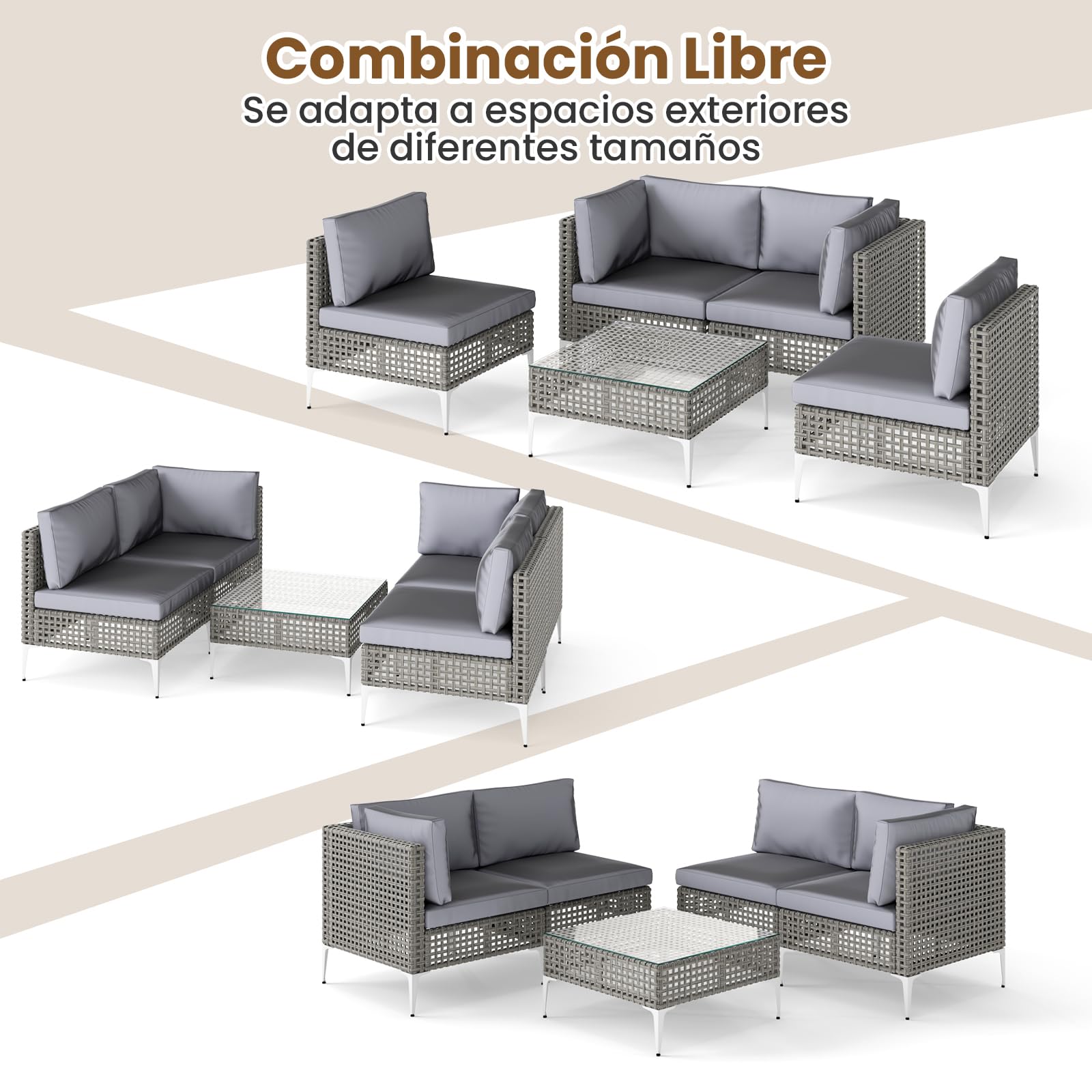 COSTWAY Conjunto Jardin Exterior 5 Piezas de Ratan PE, 1 Sillon de 2 Plazas, 2 Sofas, Mesa de Café de Cristal Templado, Cojines de Asiento y Respaldo, Mesa y Sillas Jardin Terraza Balcon (5 Piezas)