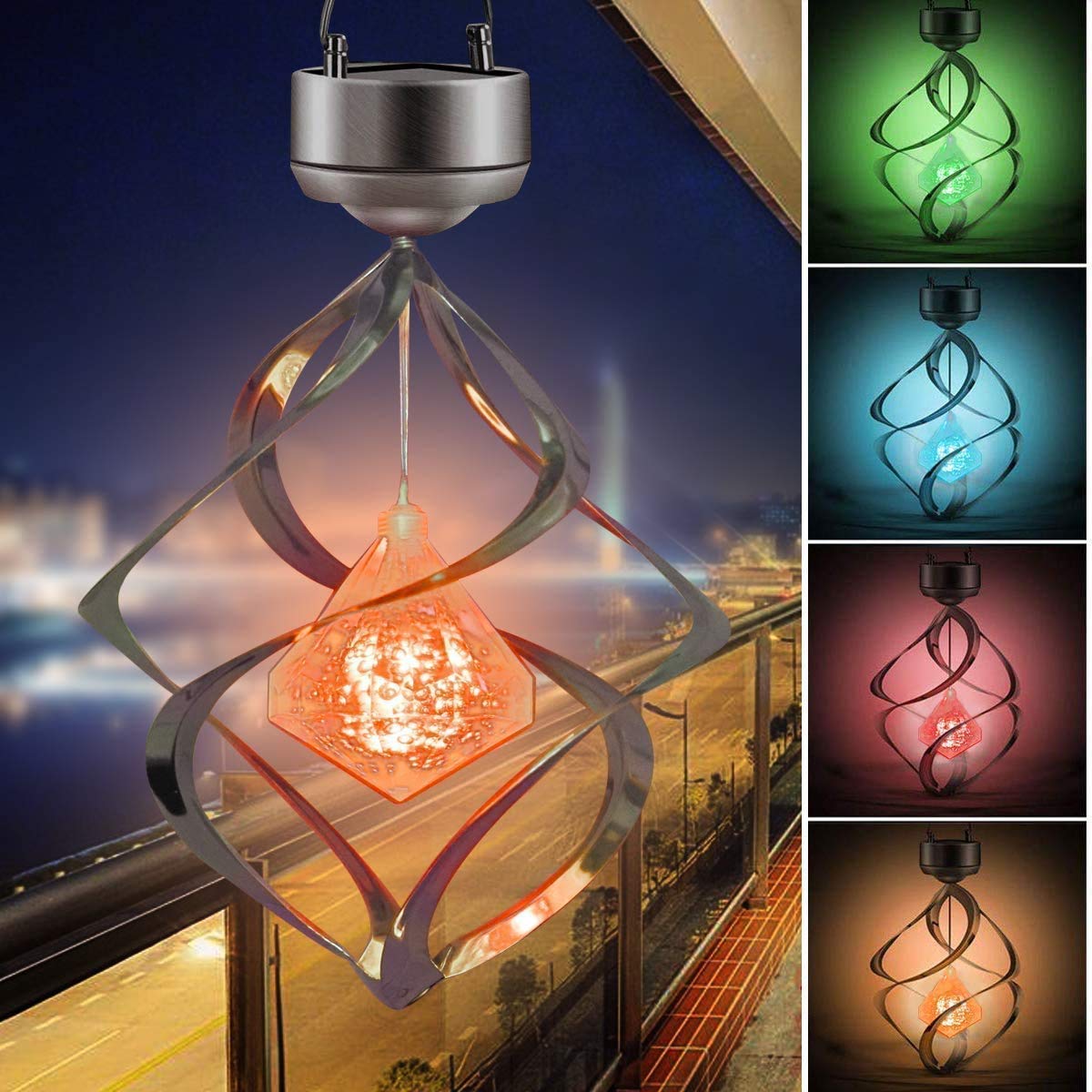 AMWGIMI Solar Lights Outdoor Yard Decoration Wind Chimes Lights Led Colour Changing Spiral Spinner Hanging Lights Garden, Yard, Home Decor Gift