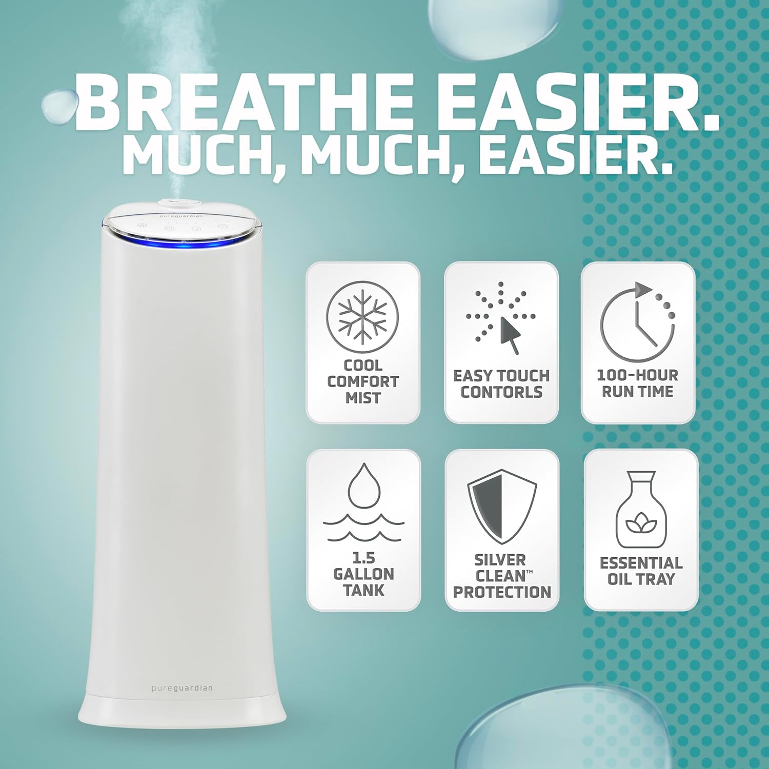 PureGuardian Ultrasonic Cool Mist Humidifier, 100 Hrs. Run Time, 1.5 Gallon Tank, 440 Sq. Ft. Coverage, Medium Rooms, Quiet, Filter Free, Essential Oil Tray, White, H3200WAR
