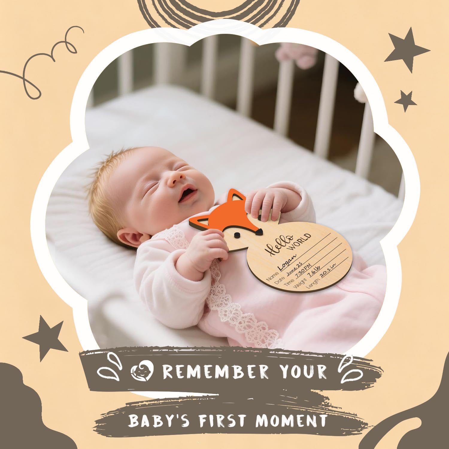 Hello World Wooden Baby Newborn Birth Announcement Sign, Baby Announcement Sign for Hospital, Newborn Photography Props for Nursery, Bear Shape Welcome Sign for New Mom Boys Girls (Fox)