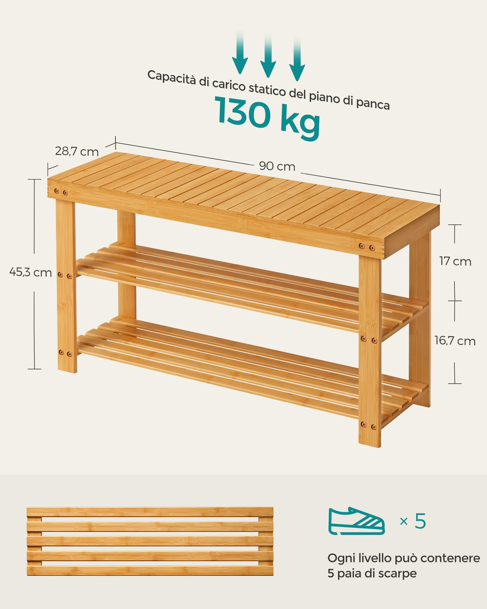 SONGMICS, Scarpiera in Bambù a 3 Livelli, Panca per Corridoio, Può Contenere fino a 130 kg, 28,7 x 90 x 45,3, Ingresso, Bagno, Camera da Letto, Naturale LBS90N, 90L cm