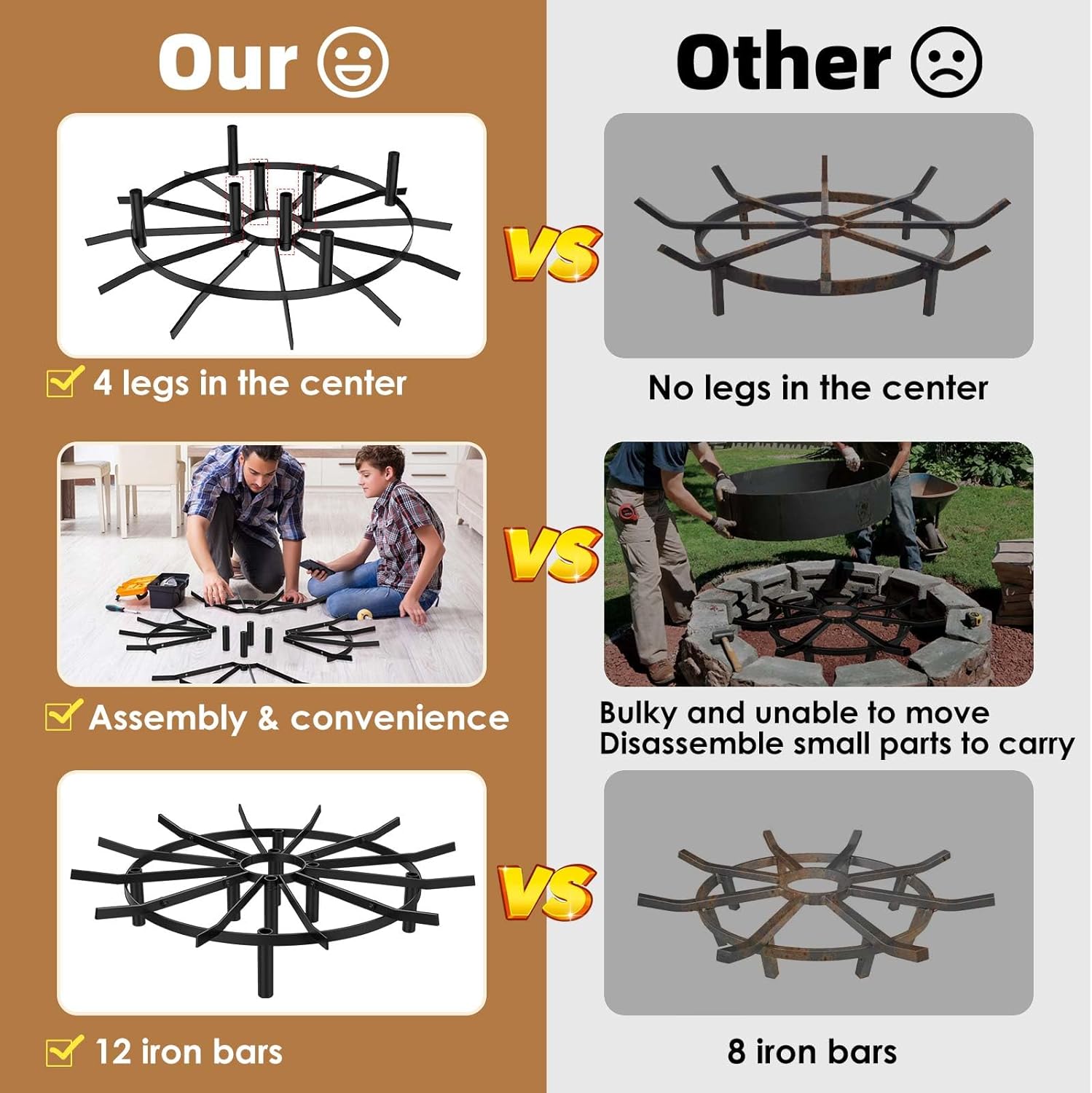 24" Round Fire Pit Grate - 8-Leg Design with 12 Bars, Reinforced Rim & High-Temp Powder Coat for Ultimate Stability & Safety - Ideal for Fireplace, Hearth, Wood Stove and Outdoor Campfire