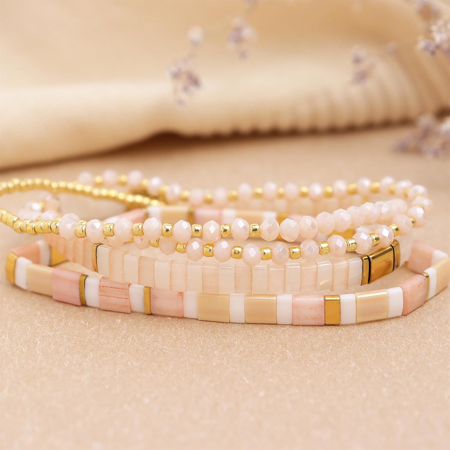 Tila Flat Gold Beaded Bracelets Stack Set for Women, Boho Colorful Handmade Gemstone Glass Beads Stretch Festive Holiday Accessories Jewelry Gift.
