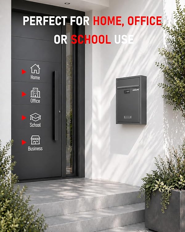 Uniclife Wall Mount Mailbox for Outside, Large Locking Mailbox with Combination Lock, Security Mail Box for House, Safe Key Drop Box, Post Box, Steel Cash Drop Box for Home Office School, Black by Uniclife - Image 8