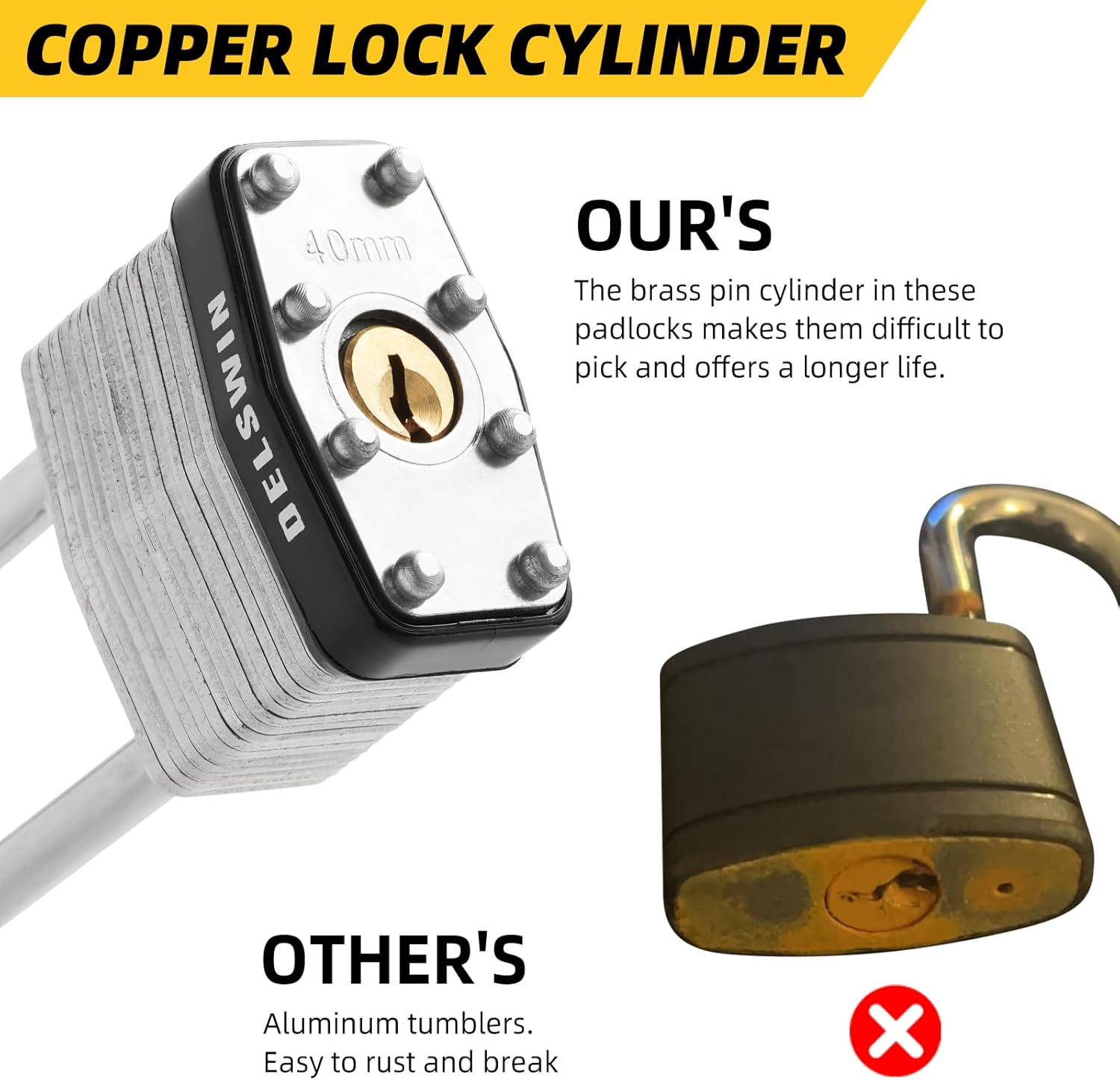 DELSWIN Weatherproof Padlock with Key (Keyed Alike) - Heavy Duty Laminated Steel Locker Locks with 12 Keys, 6 Tags, 1-9/16" Wide Body, 2" Long Shackle, Padlocks for Outdoor, Gate, Fence, Shed (6 Pack)