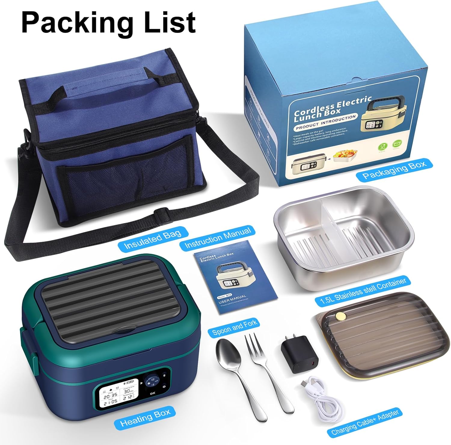 Cordless Electric Heated Lunch Box, 1.5L 6.3Cups 24000mAh Rechargeable Battery Self-Heating Lunch Box, Smart Timer, Even Heating, 100W Portable Food Warmer for Office, Picnic, Car, Outdoor - Image 7