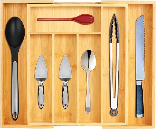 Kinsinder Bamboo Cutlery Tray, Bamboo Expandable Drawer Organizer Kitchen Storage Organizer for Silverware, Utensil, Knives (7 Slots)