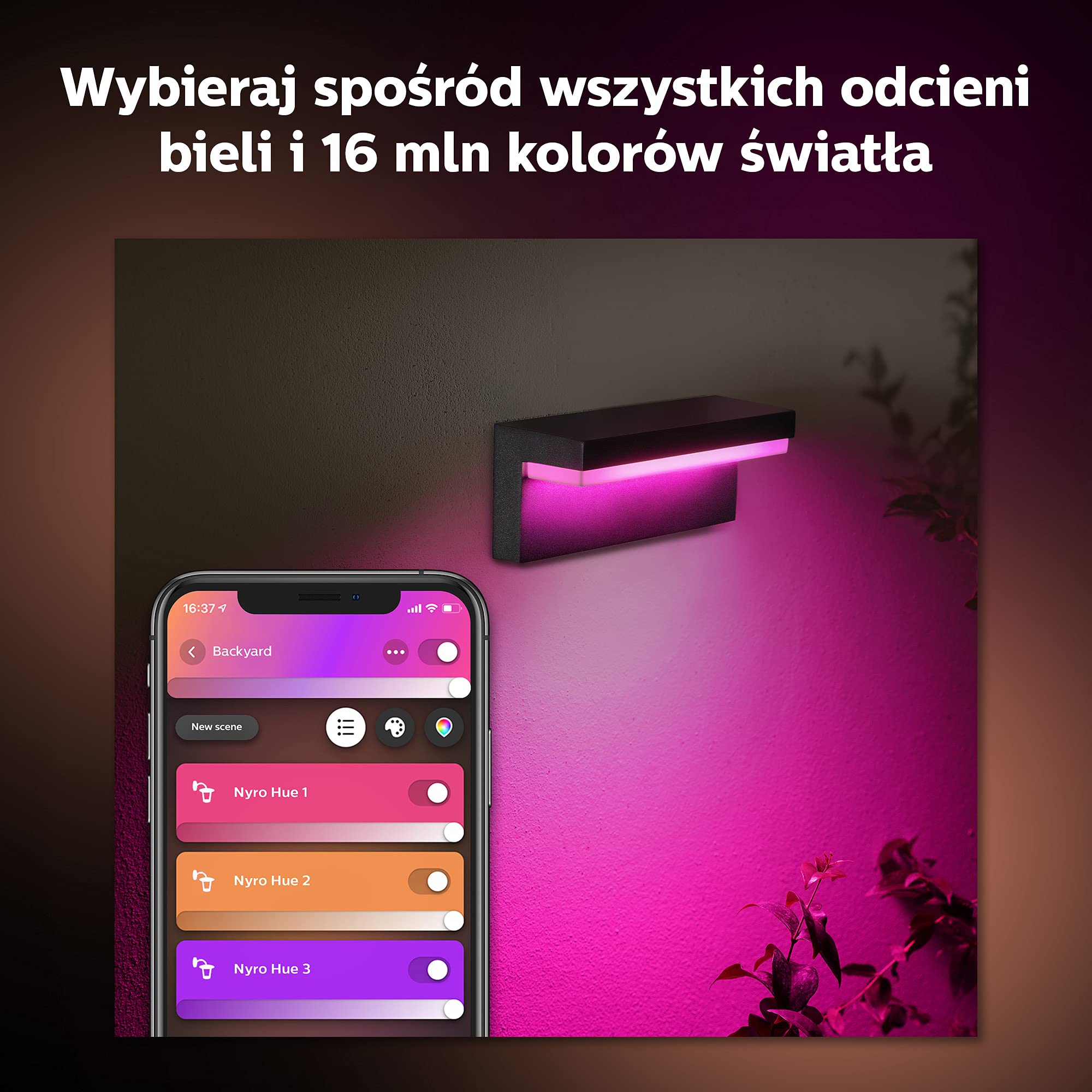 Philips Hue Nyro White and color ambiance Zewnętrzna lampa ścienna LED, kinkiet, 16 mln kolorów, możliwość przyciemniania, sterowanie aplikacją